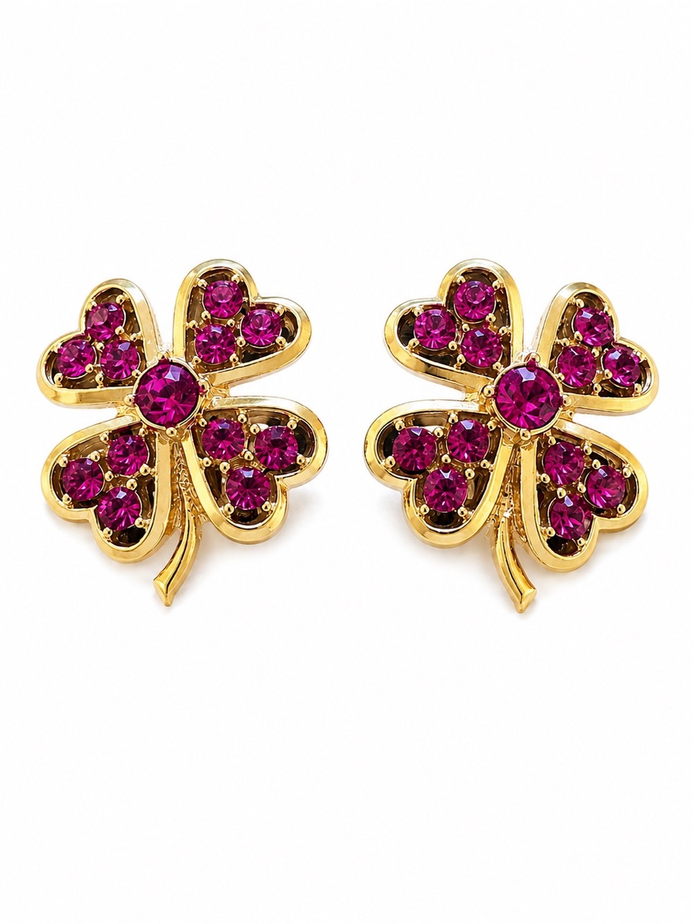 Vintage Signed Sarah‎ Coventry Fuchsia Rhinestone Shamrock Clip-On Earrings